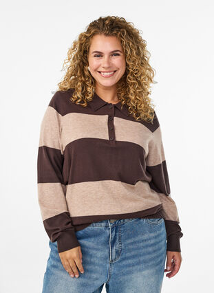 Zizzi Strikkeplagg med krage, Seal Brown Comb, Model image number 0