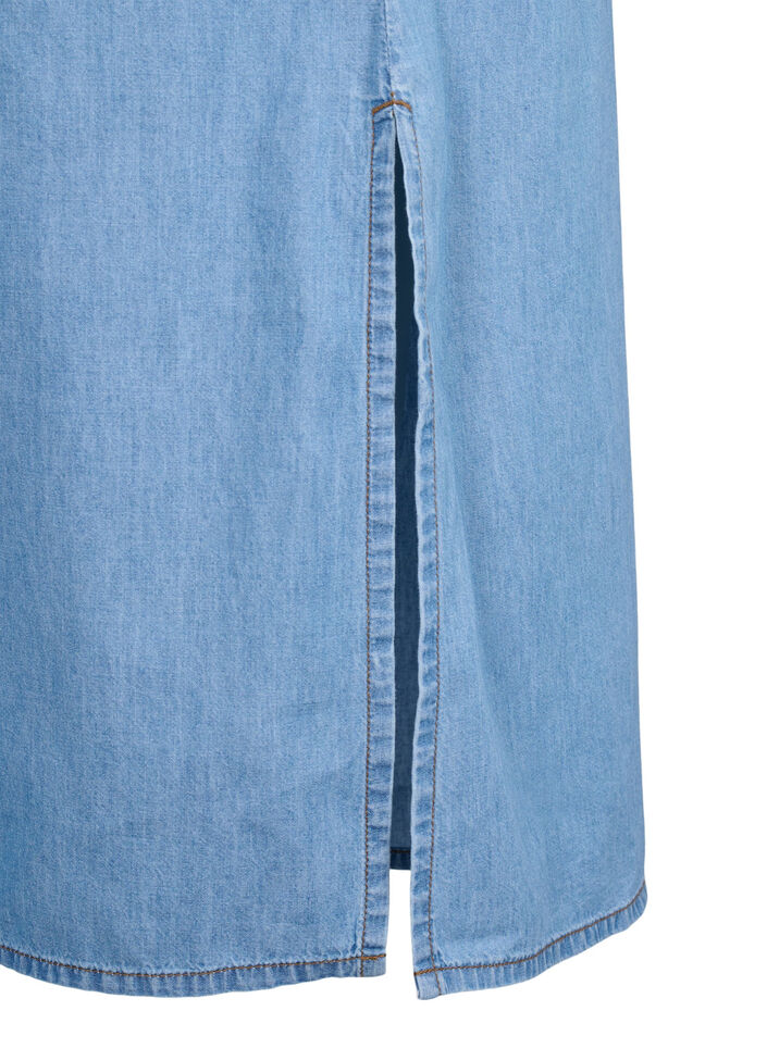 Denimkjole med splitt og korte ermer, Blue denim, Packshot image number 3