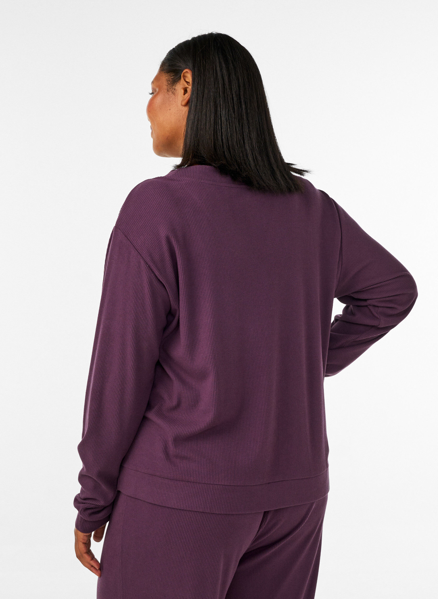 ZizziRibbestrikket jerseycardigan med V-hals, Lilla, Model image number 2
