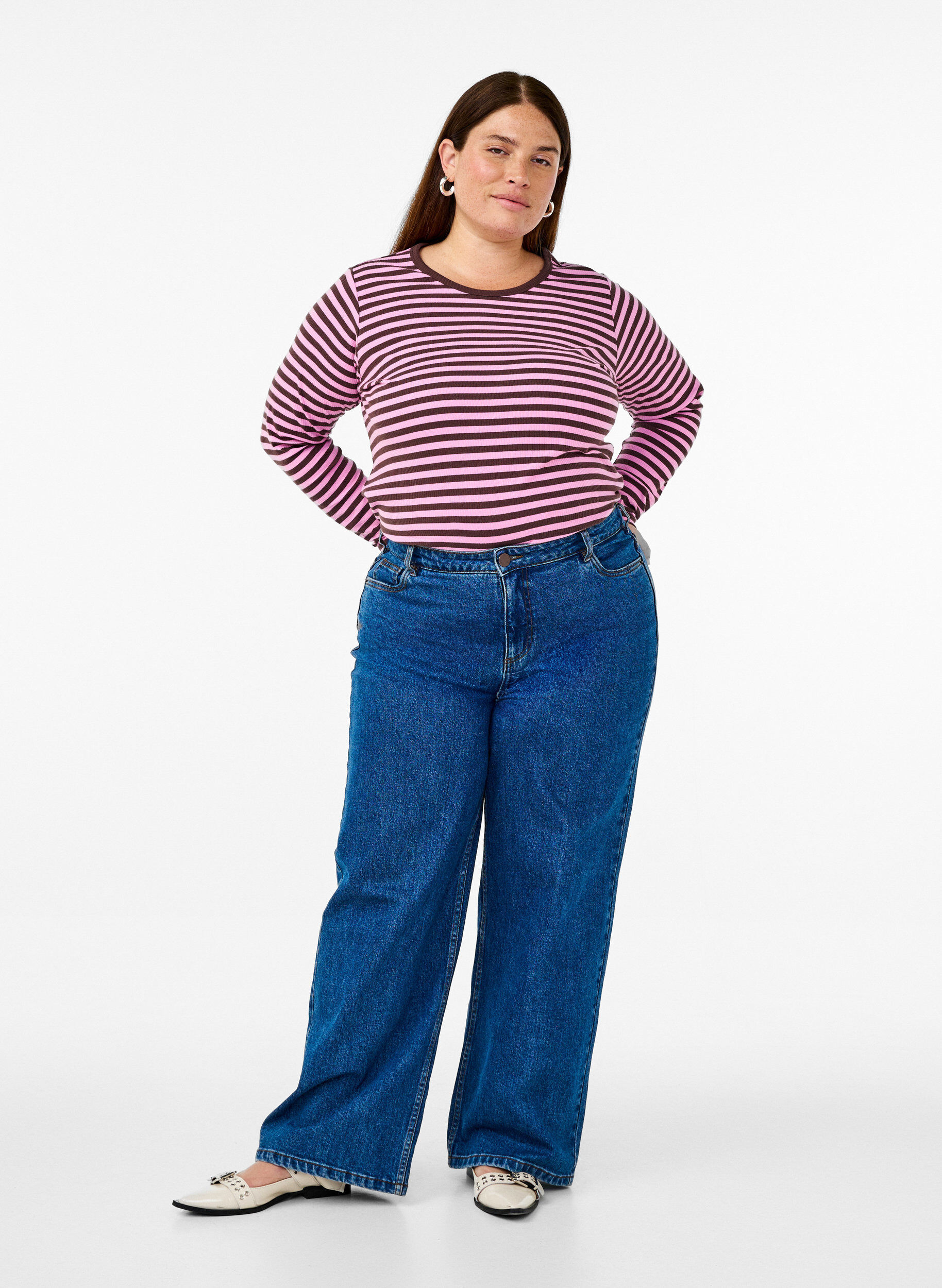 ZizziStripete bluse med lange ermer, Rosa, Model image number 1