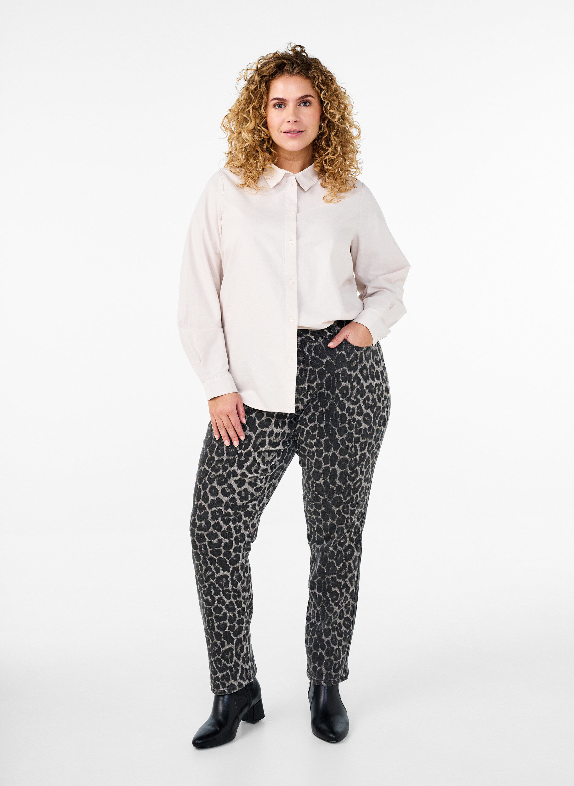 Zizzi Langermet bomullsskjorte, Beige, Model image number 1