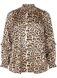 Smocket bluse med leopardmønster, Brun Smocket bluse med leopardmønster