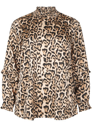 Zizzi Smocket bluse med leopardmønster, Brun, Packshot image number 0