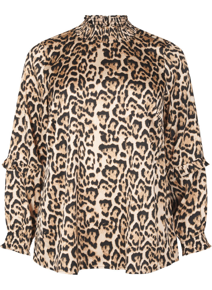 Smocket bluse med leopardmønster, Brun, Packshot image number 0