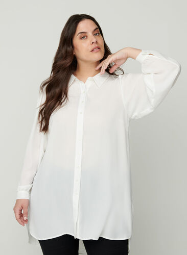 Lang skjorte med lette puffermer, Bright White, Model image number 0