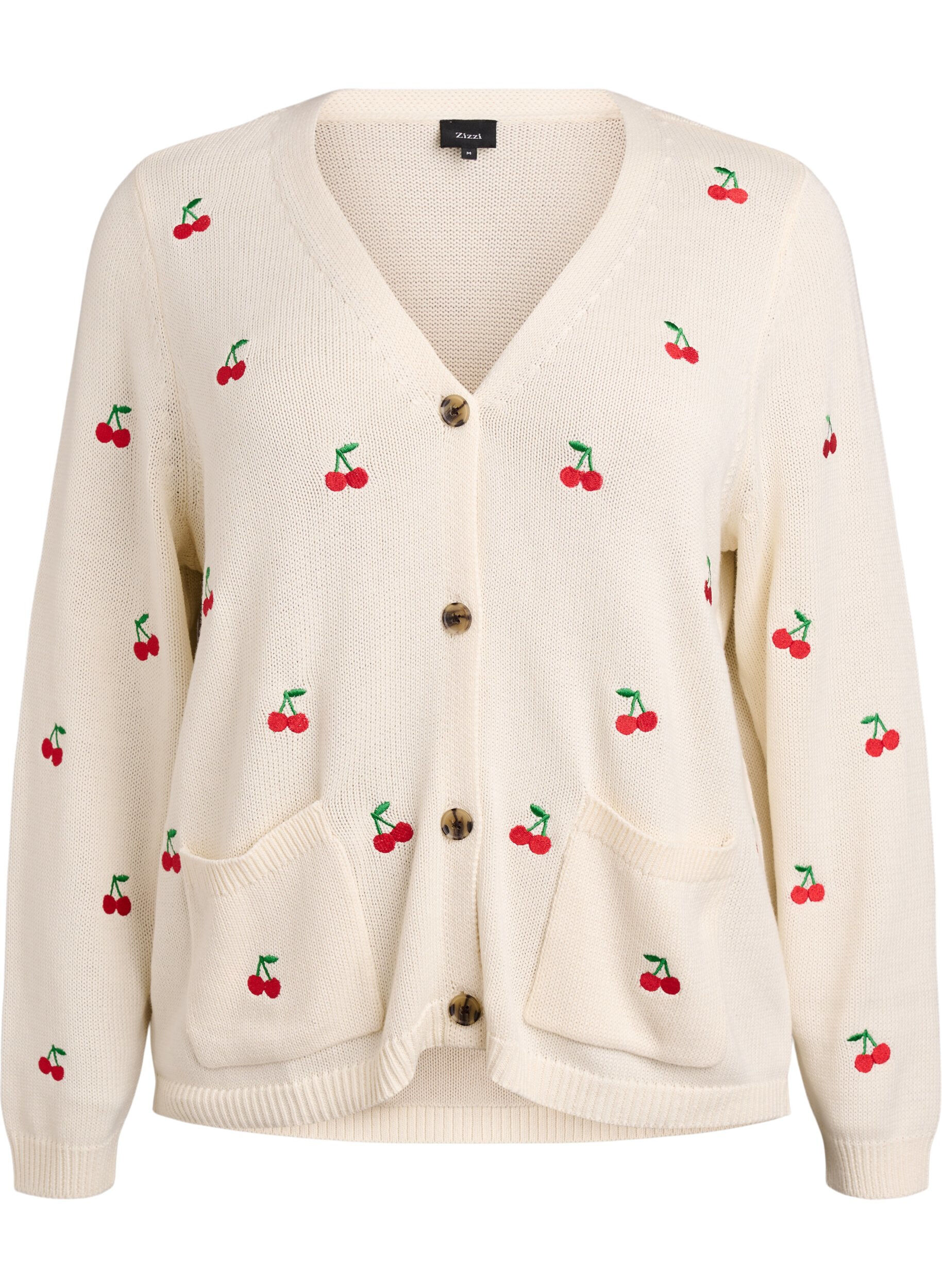Strikket cardigan med kirseb&aelig;rbroderi