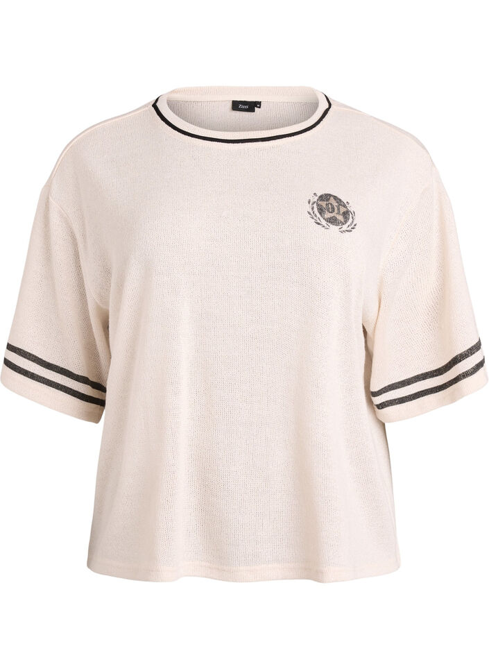 Kortermet bluse med kontraststriper, Beige, Packshot