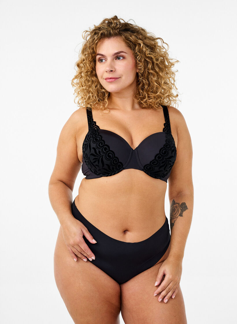 Formstøpt BH med fløyelsmønster, Svart, Model image number 1