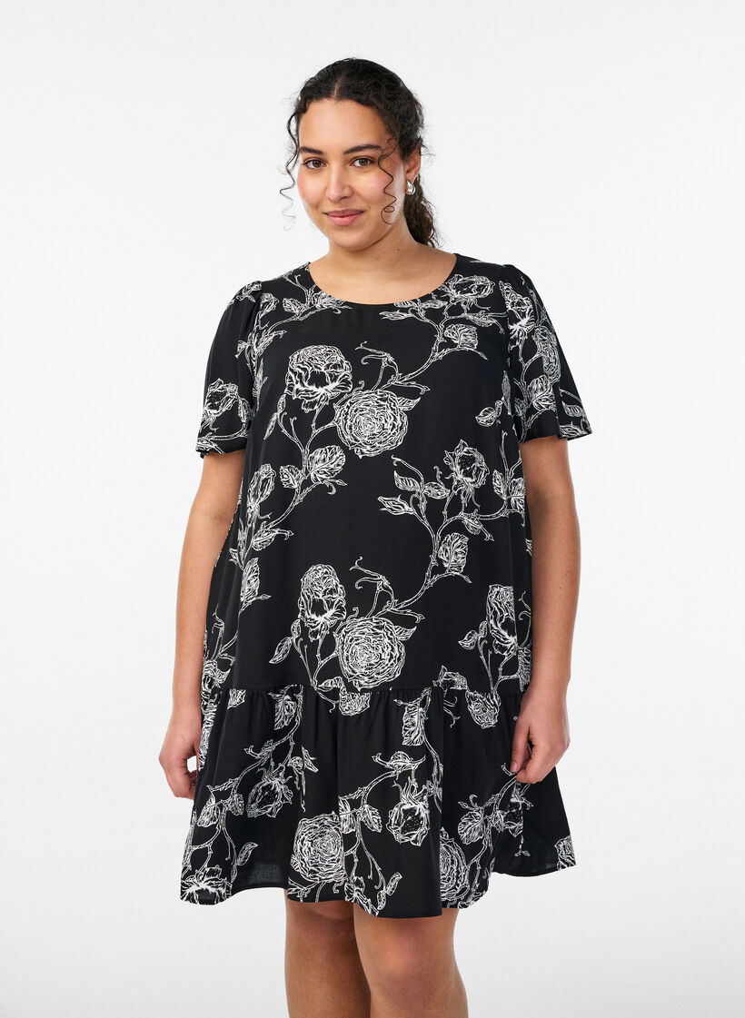 Viskosekjole med snittlinje, Svart, Model image number 0