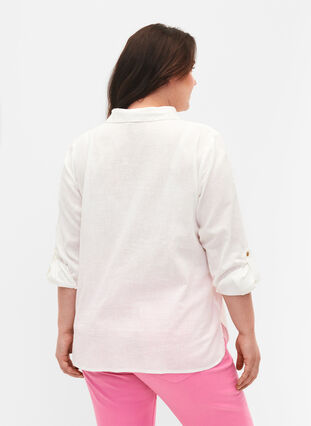 Skjortebluse med knappelukking i bomull-linblanding, White, Model image number 1