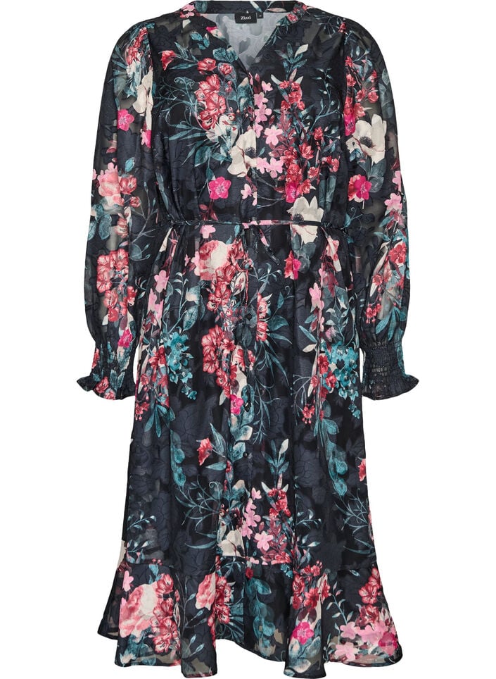 Blomstret midikjole med vevd tekstur og knytebelte, Svart, Packshot image number 0