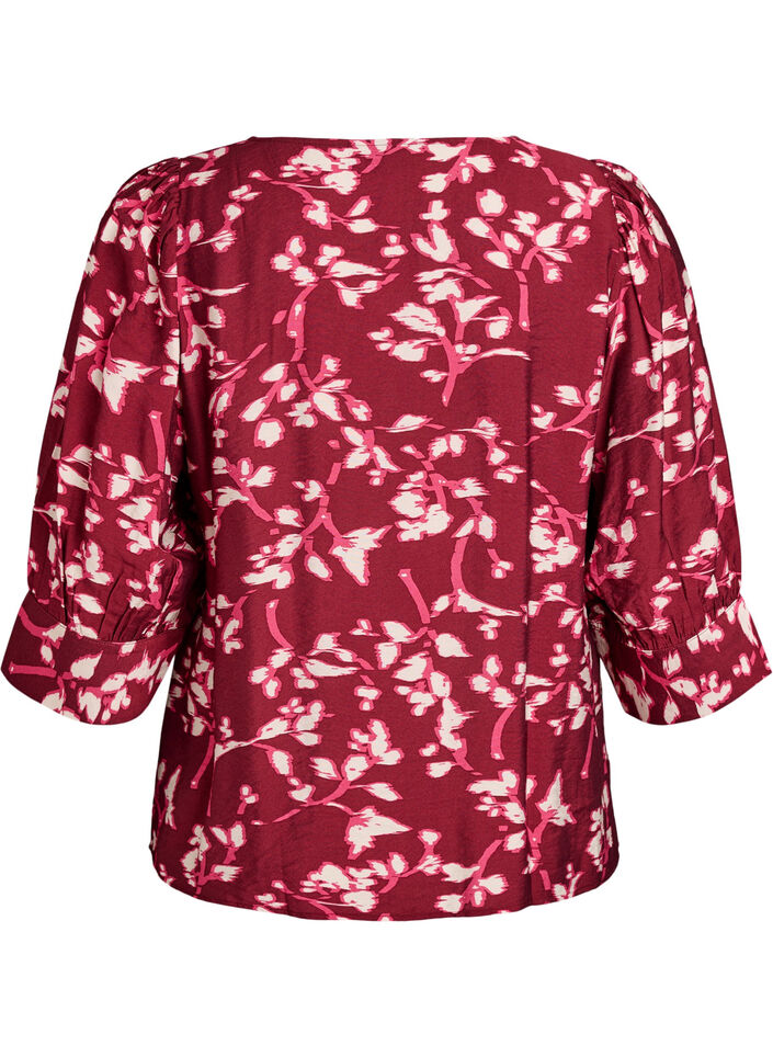 Bluse med V-hals og 3/4-ermer, Rød, Packshot image number 1