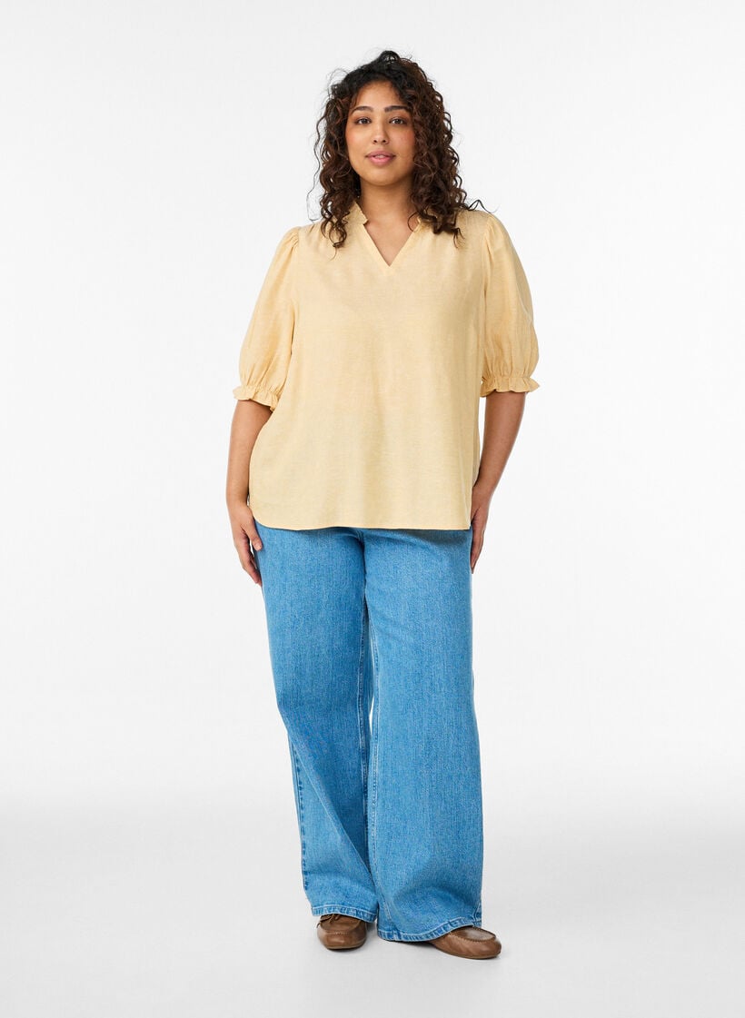 Bluse i lin og viskose med 1/2 ermer, Gul, Model image number 1