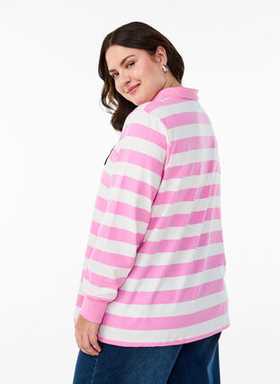 Zizzi Stripete poloskjorte med frottédetaljer, Bubblegum w. White, Model image number 1