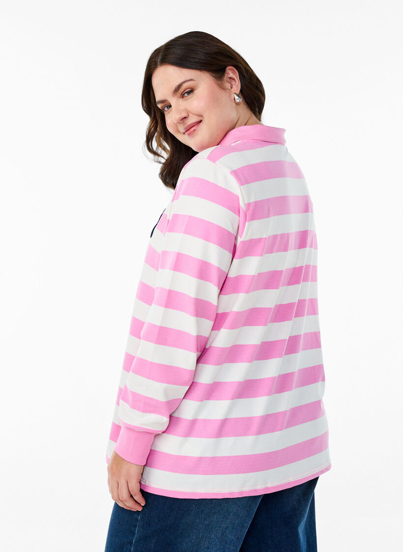 Stripete poloskjorte med frottédetaljer, Bubblegum w. White, Model image number 1