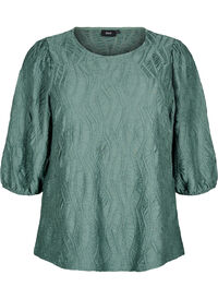 Bluse med tekstur og 3/4-ermer, Grønn Bluse med tekstur og 3/4-ermer