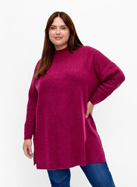 Strikket poncho med sidesplitt, Raspberry Mel., Model