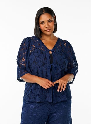 Zizzi Bluse med blonder, 3/4 ermer og sløyfer foran, Blå, Model image number 0