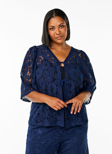 Zizzi Bluse med blonder, 3/4 ermer og sløyfer foran, Blå, Model image number 0