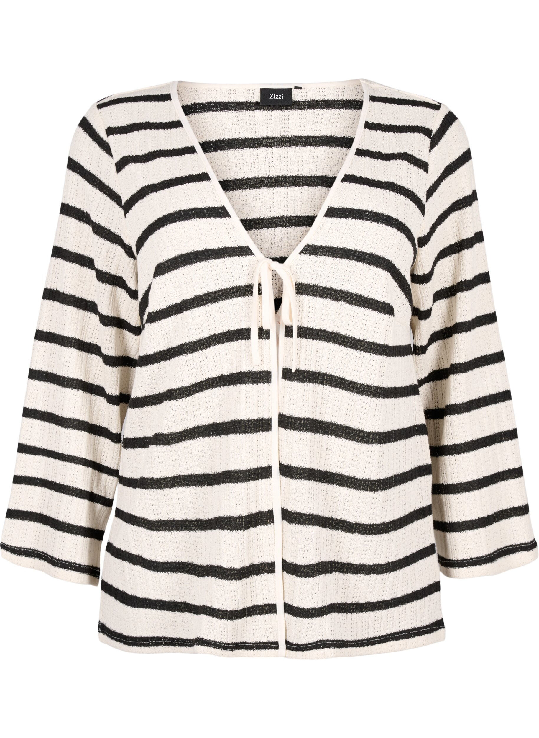 Zizzi Stripete cardigan med knytestrikk, Sand Black Stripe, Packshot image number 0