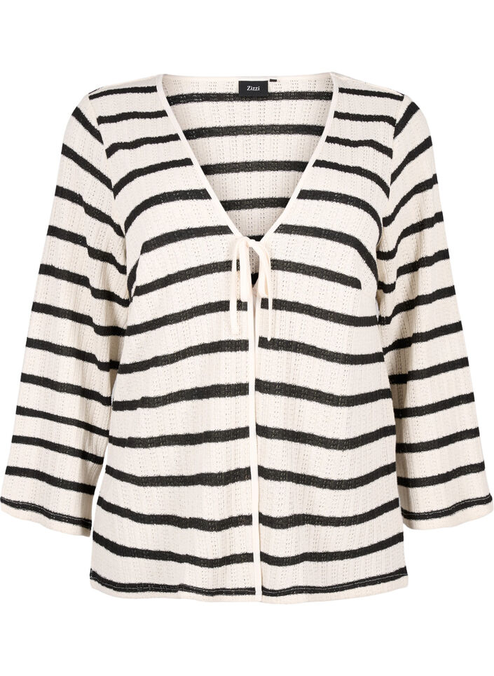 Stripete cardigan med knytestrikk, Sand Black Stripe, Packshot image number 0