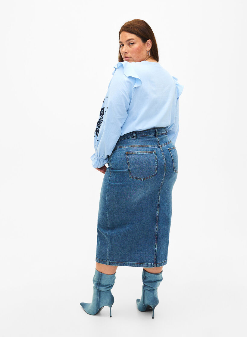 Dongeriskjørt med splitt foran, Blue denim, Model image number 1