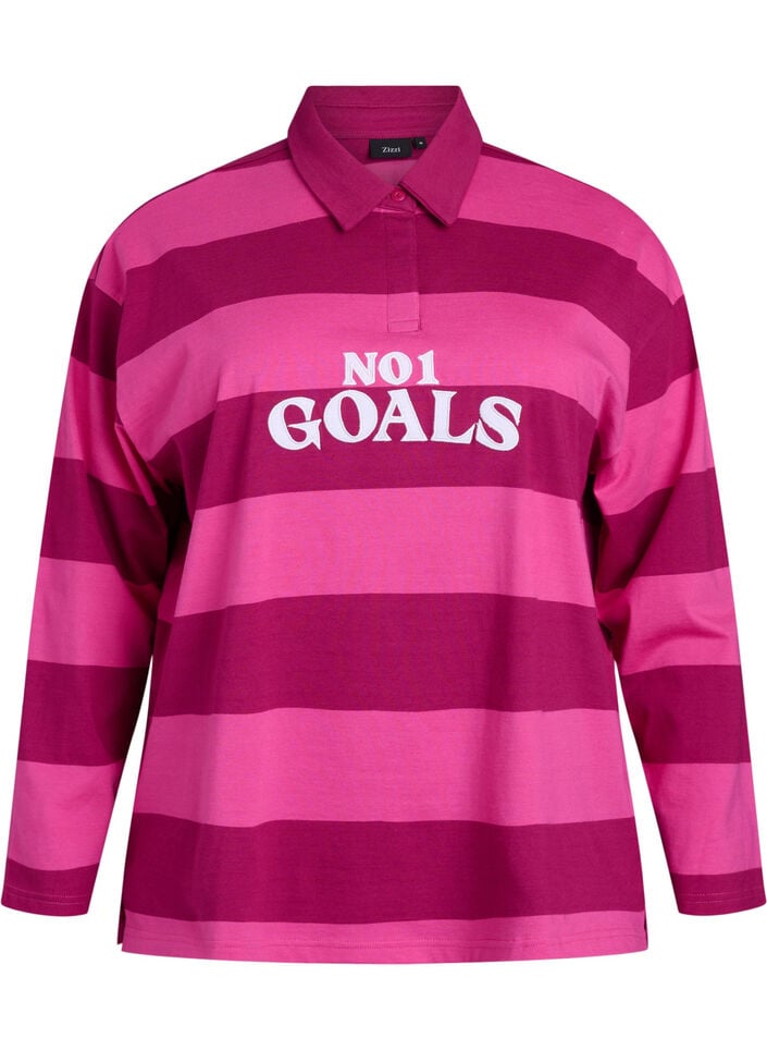 Stripete poloskjorte med brodert tekst, Rosa, Packshot image number 0