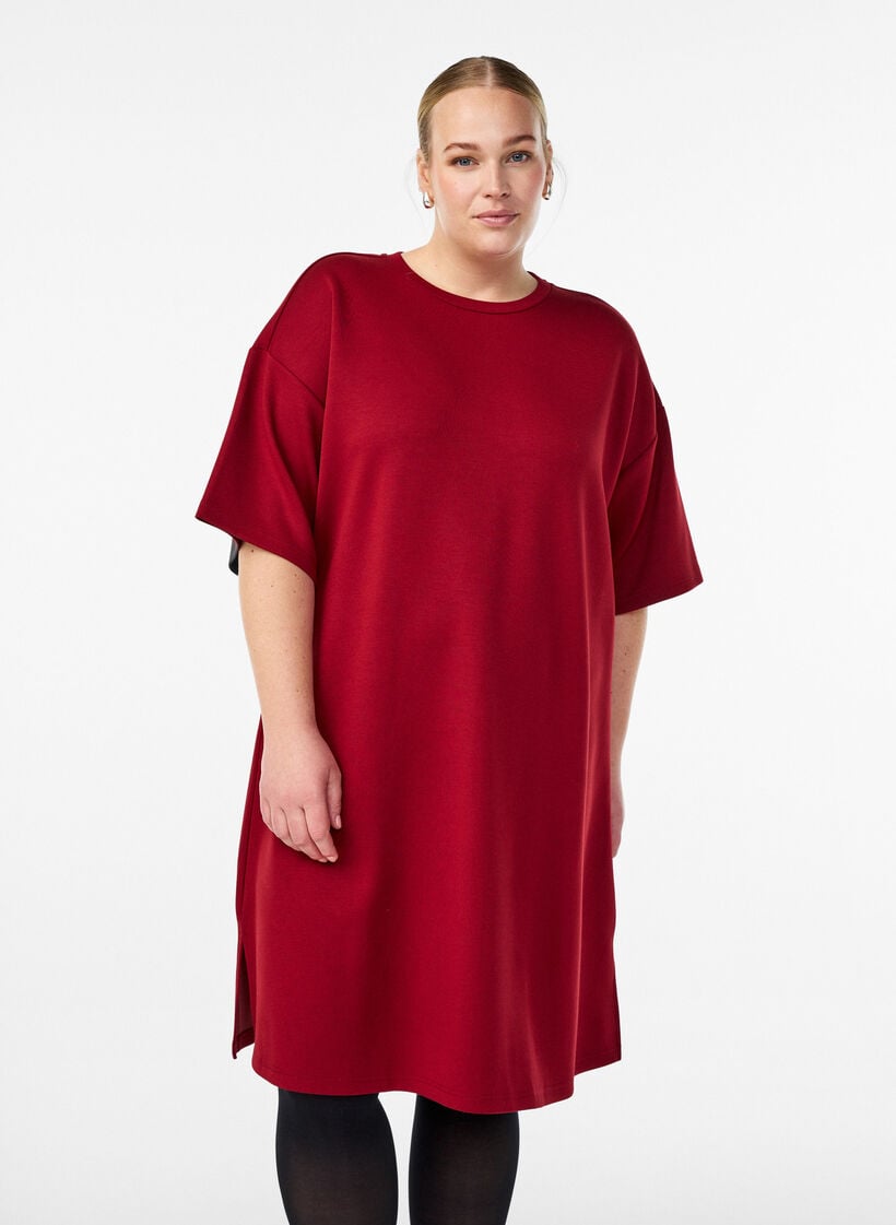 T-skjortekjole i jersey med splitt i sidene, Rød, Model image number 0