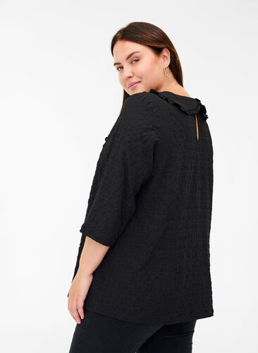 Rutete bluse med 3/4-ermer og volangkant, Black, Model image number 1