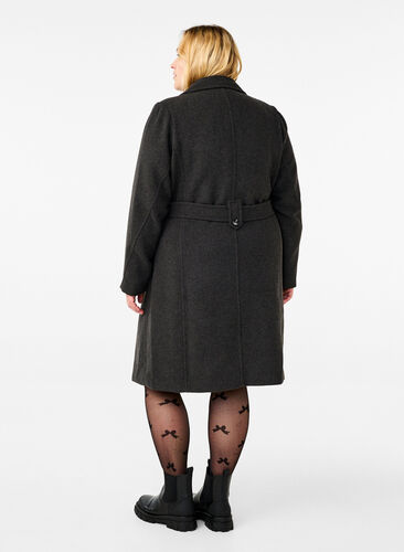 Zizzi Lang ullkåpe med belte, Dark Grey Melange, Model image number 1