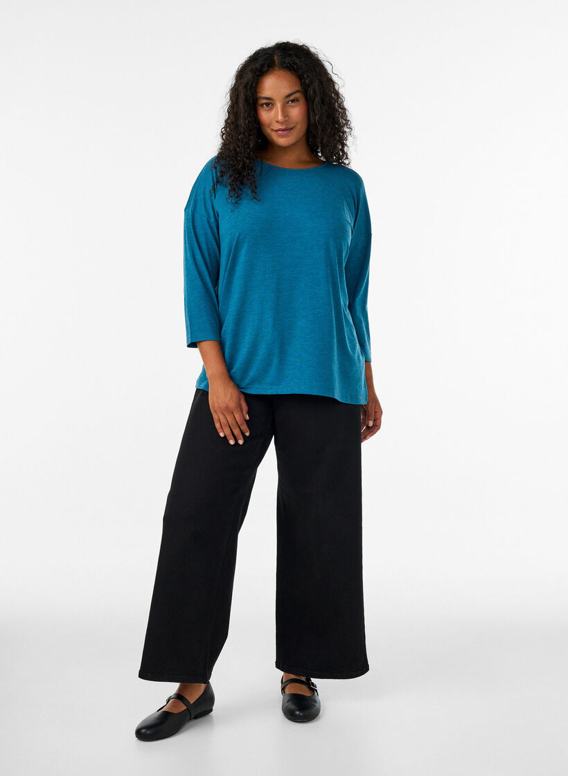 Jersey bluse med 3/4 ermer, Bl&aring;, Model image number 1