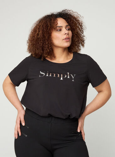 Kortermet T-skjorte i bomull med motiv, Black SIMPLY, Model image number 0