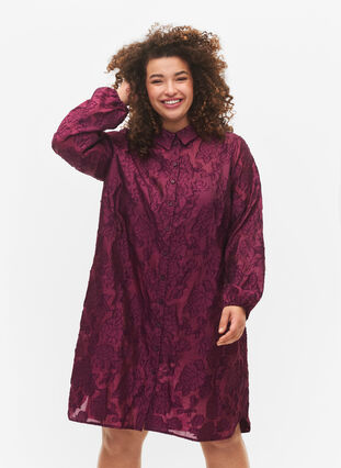 Lang jacquard skjorte, Dark Purple, Model image number 2