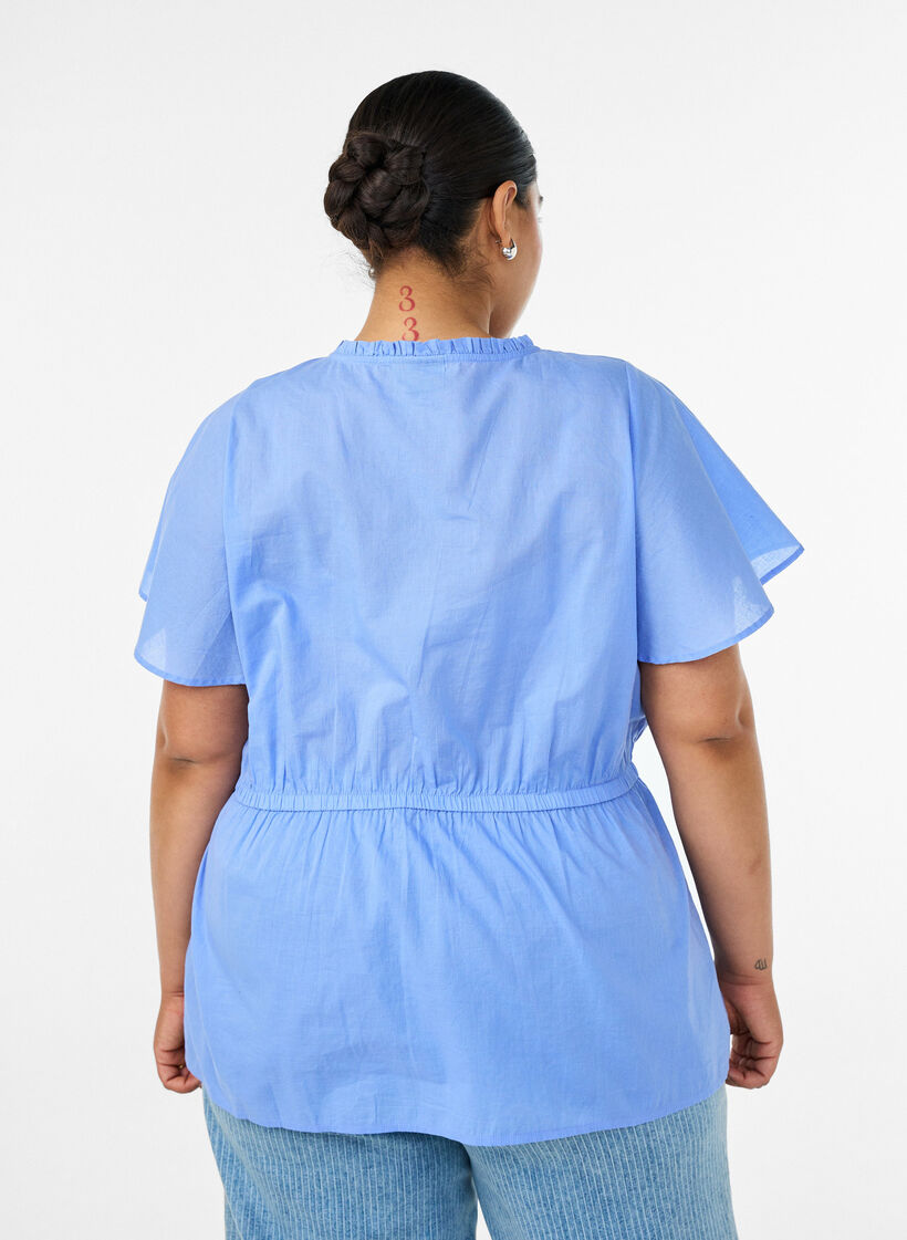 Bluse i bomull med knytesnor og elastisk midje, Bl&aring;, Model image number 2