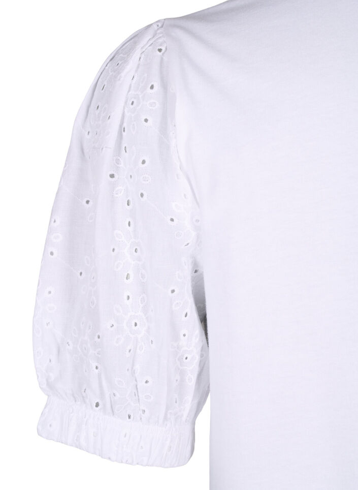 Bluse i økologisk bomull med broderi anglaise ermer, Bright White, Packshot image number 3