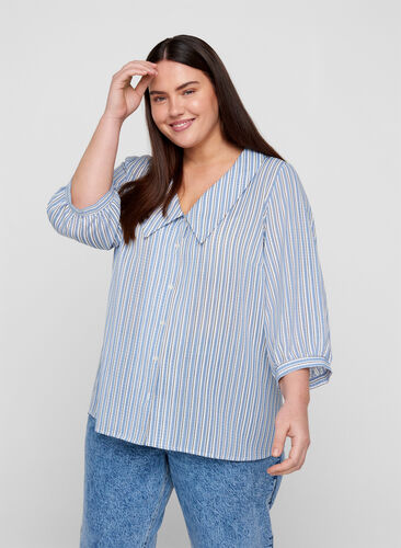 Stripete skjortebluse med en stor krage, Light Blue Stripe, Model image number 0