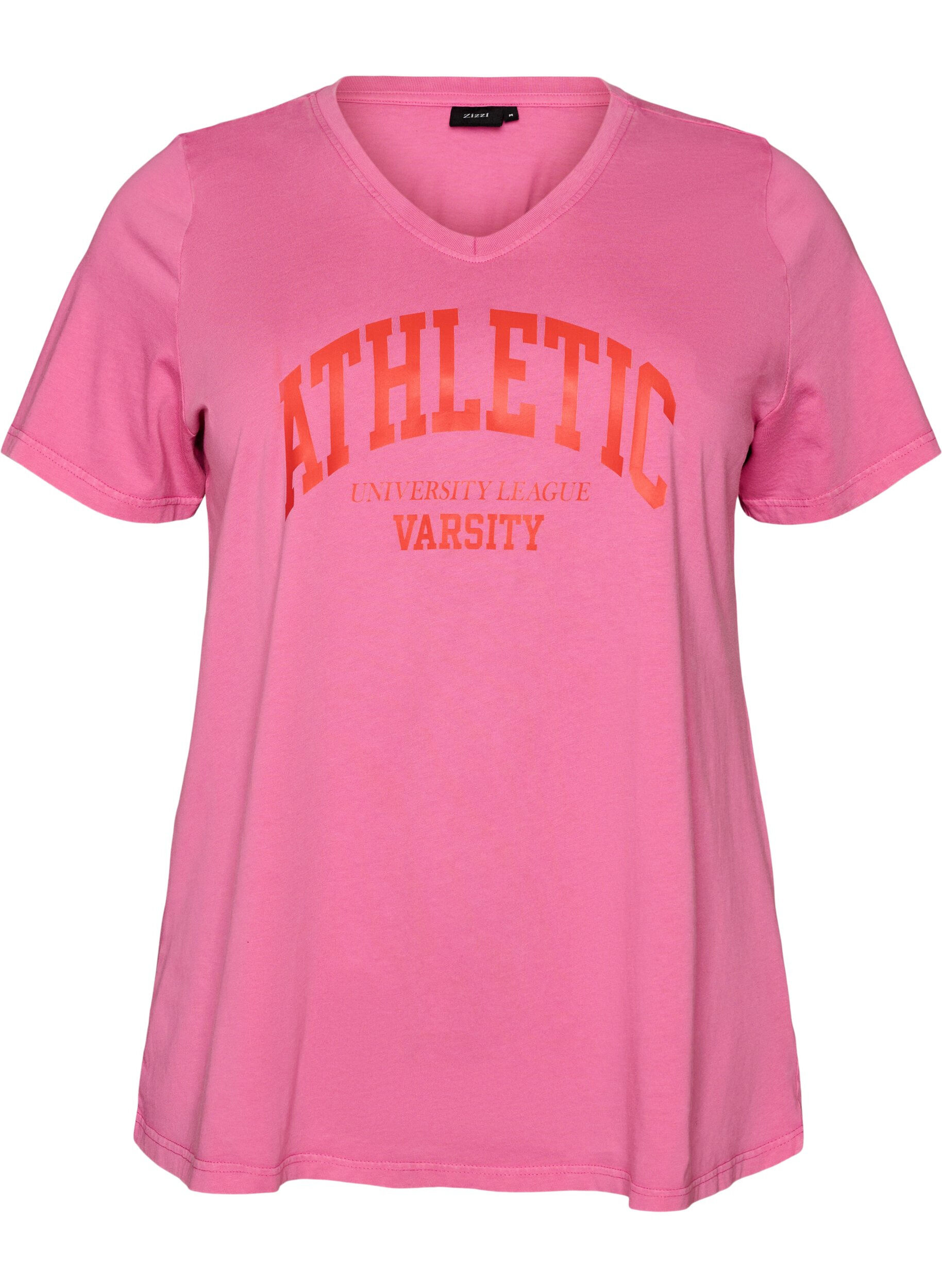 ZizziT-skjorte i &oslash;kologisk bomull med varsity-trykk og V-hals, Rosa, Packshot image number 0