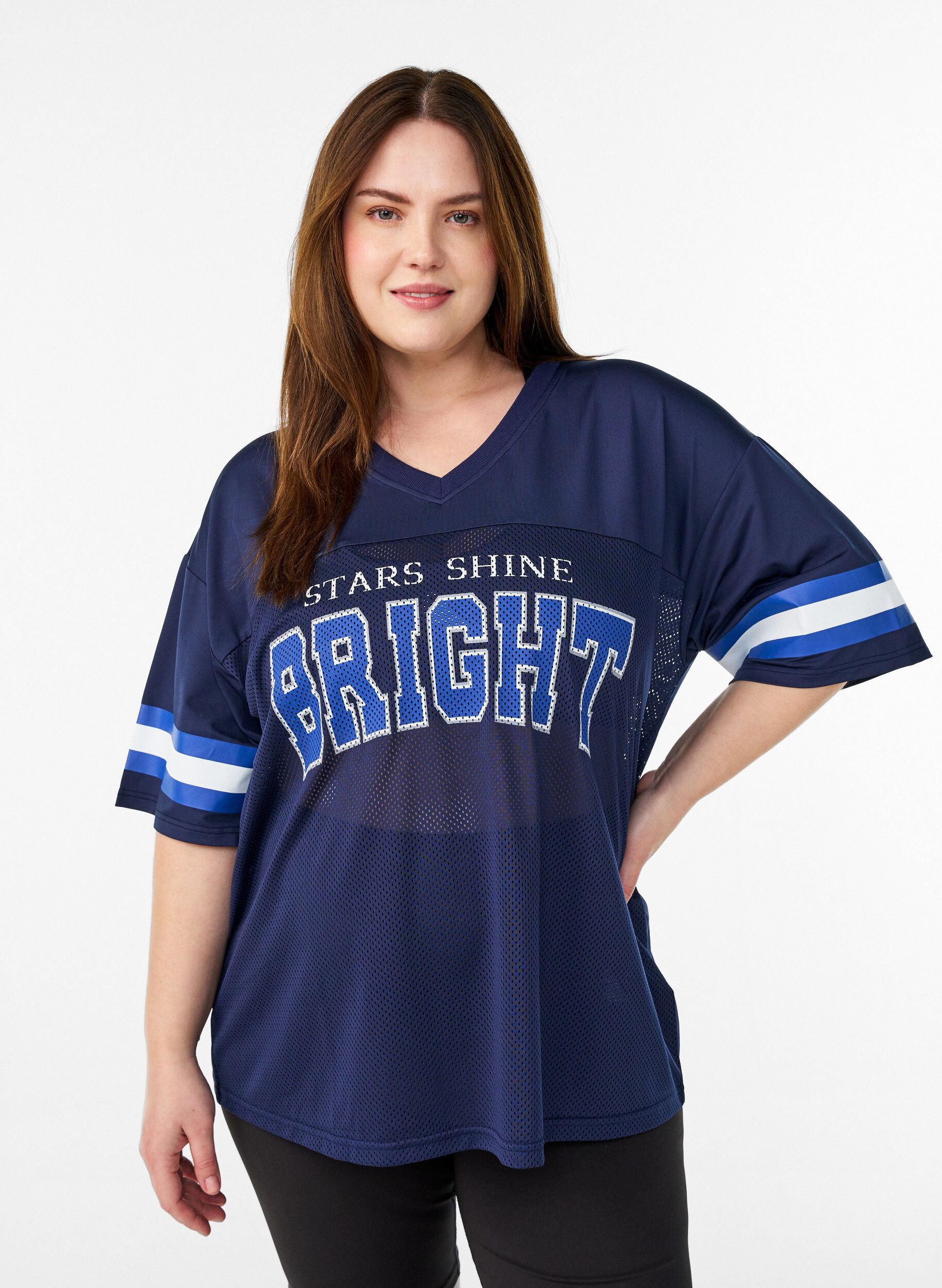 Trenings-t-skjorte med V-hals og trykk foran, Bl&aring;, Model