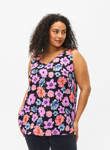 Zizzi Blomstret topp med V-hals, Black Big Flower AOP, Model image number 0