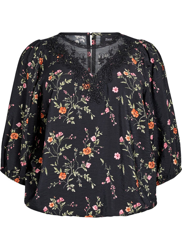 Bluse med 3/4 ermer og blondedetaljer, Svart, Packshot image number 0