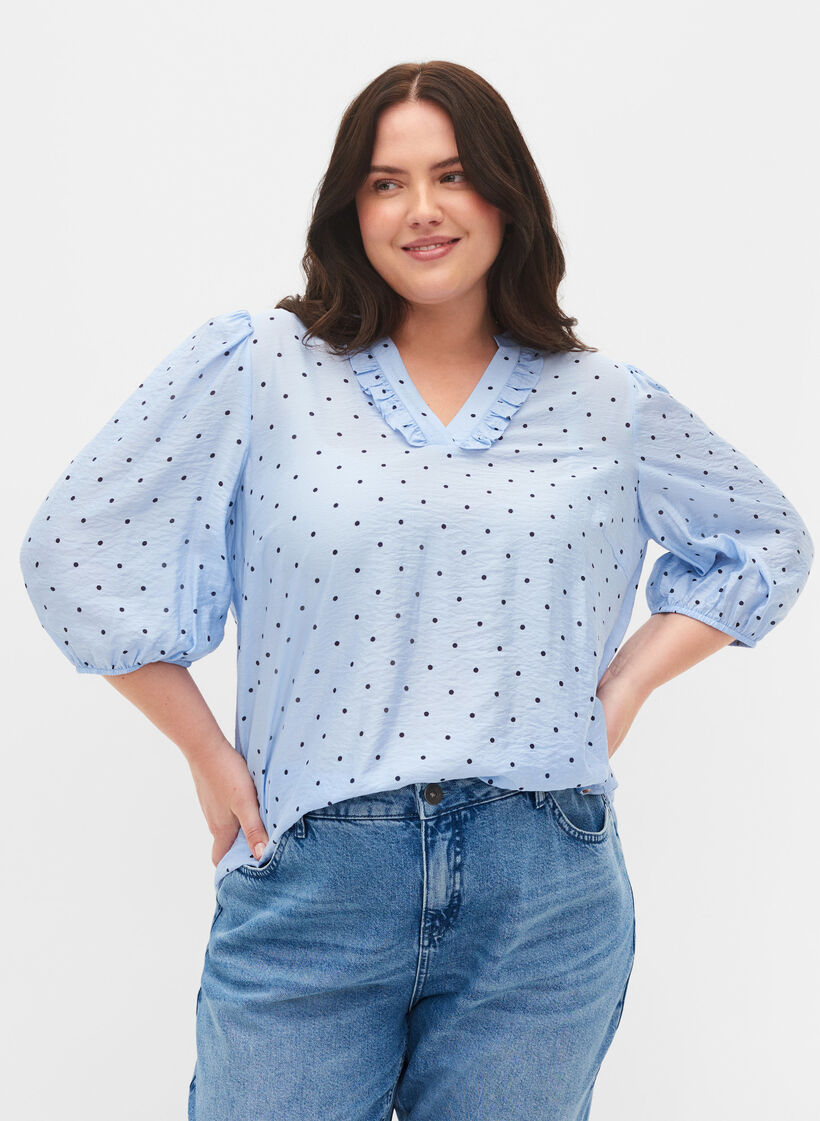 Prikkete bluse med 3/4 ermer i viskosemateriale, Light Blue Dot, Model image number 0