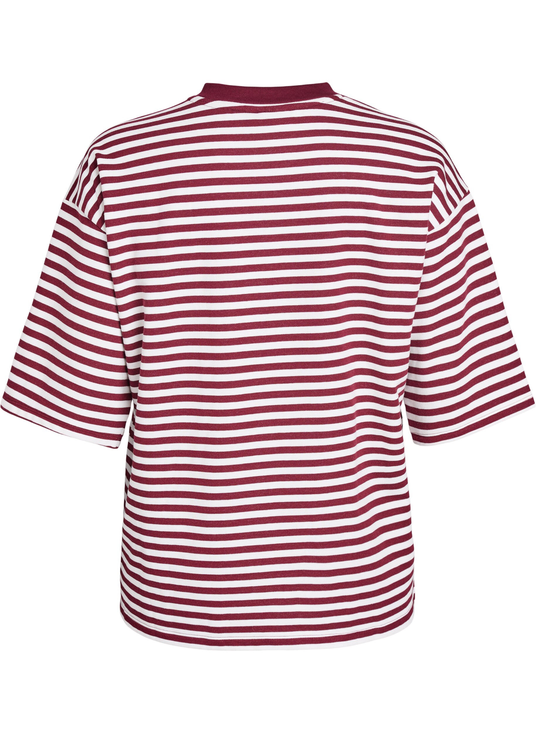 Zizzi Stripete bluse med 3/4-ermer og knappedetaljer, R&oslash;d, Packshot image number 1