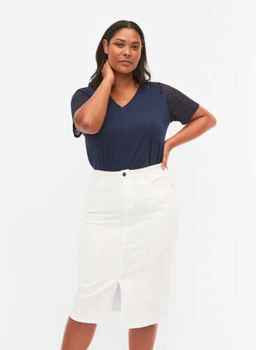 Midiskjørt i denim med en splitt foran, White, Model image number 0