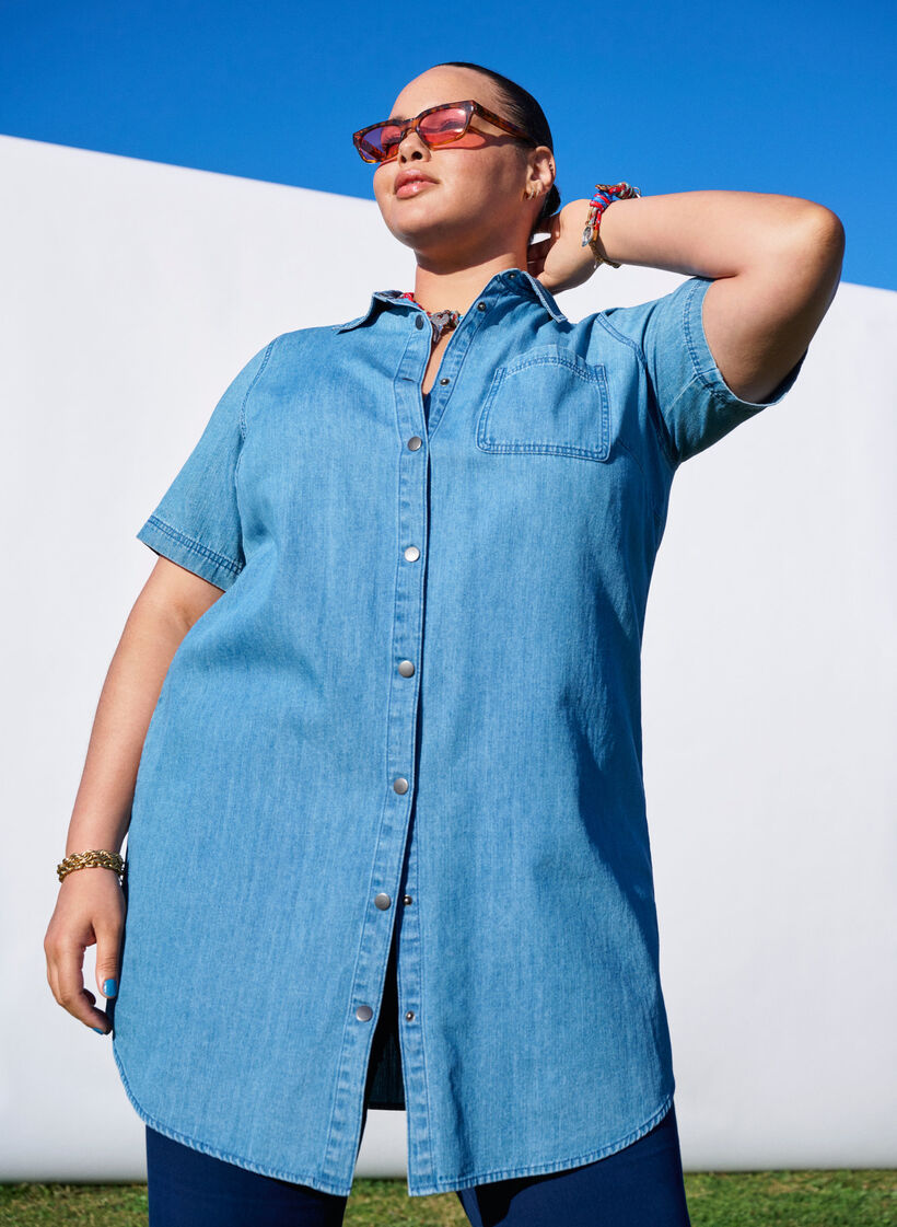 Denim skjortekjole med korte ermer, Light Blue Denim, Image