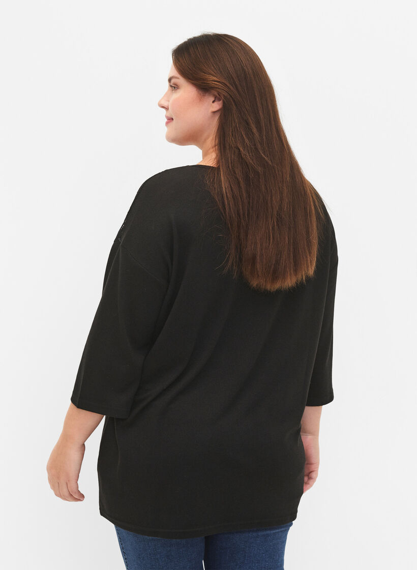 Bluse med 3/4-ermer og blondedetaljer, Black, Model image number 1