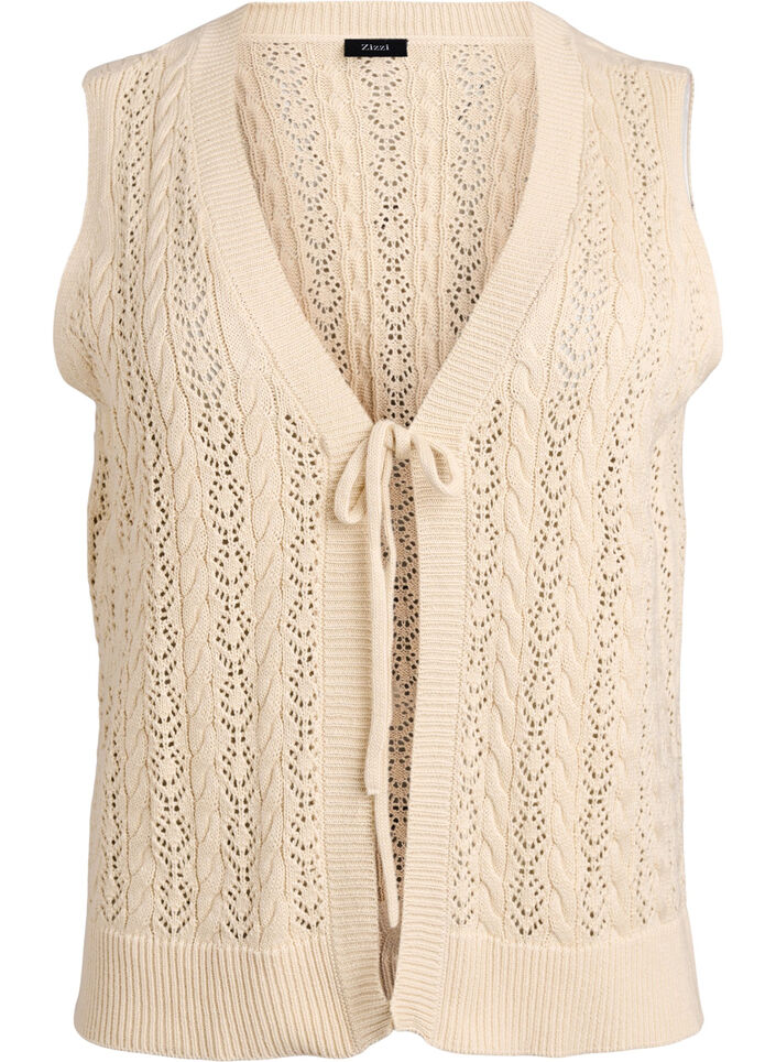 Strikket vest med hullbroderi og knyting, Beige, Packshot image number 0