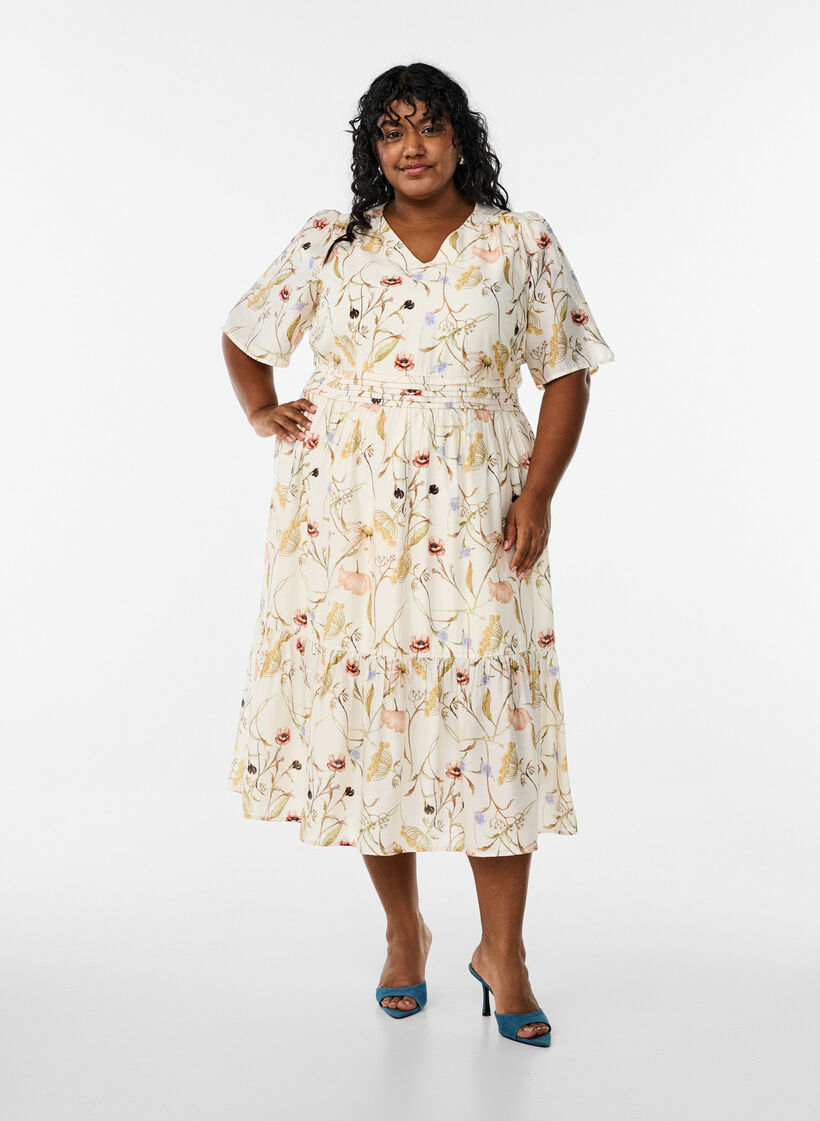 Blomstret midikjole med A-form, Beige, Model image number 1