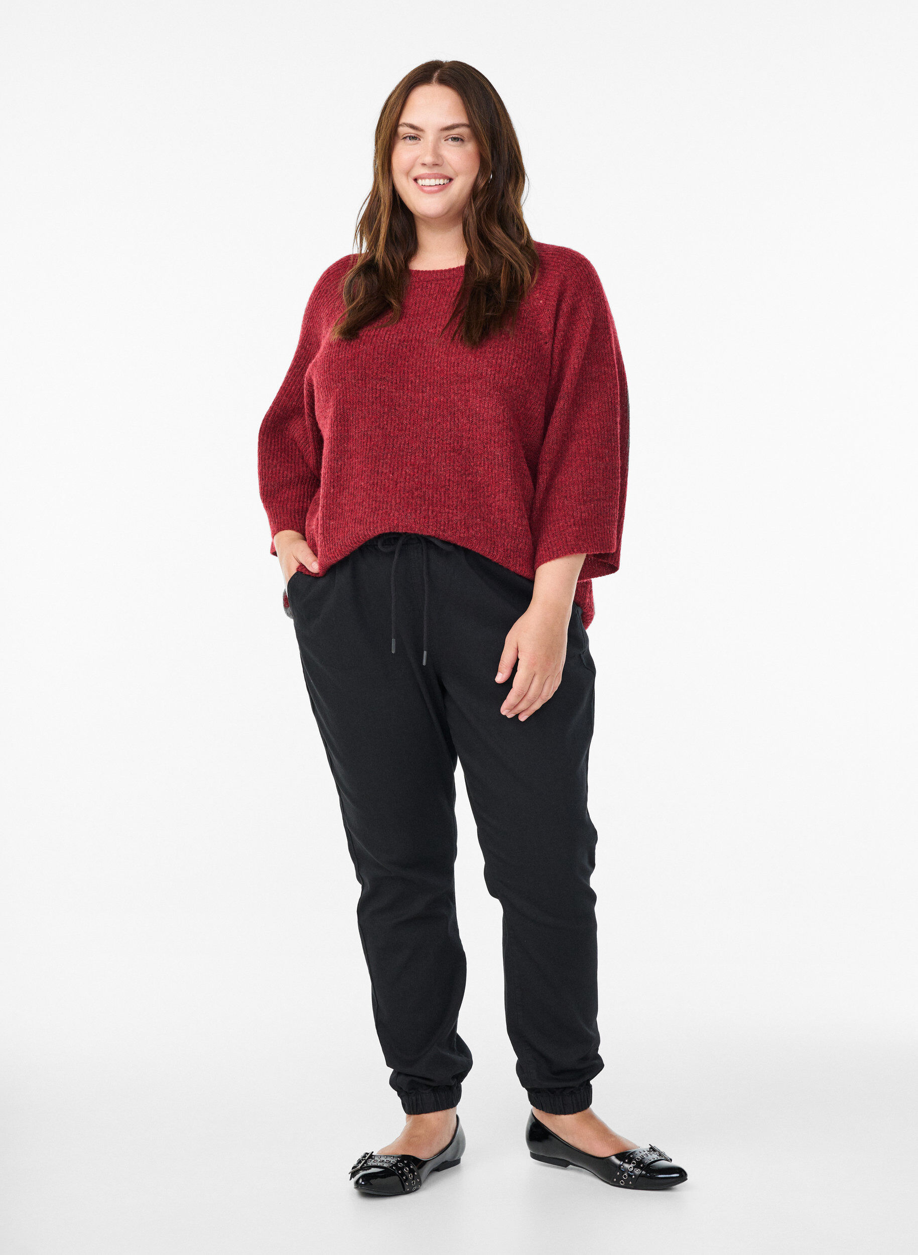ZizziRibbestrikket genser med 3/4 ermer, R&oslash;d, Model image number 1
