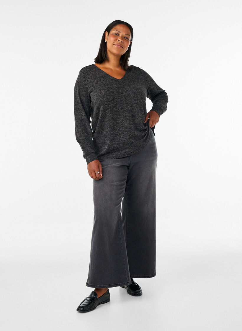 Jerseybluse med V-hals og lange ermer, Svart, Model image number 1