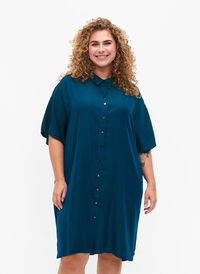 Kortermet skjortekjole med prikket tekstur, Deep Teal, Model